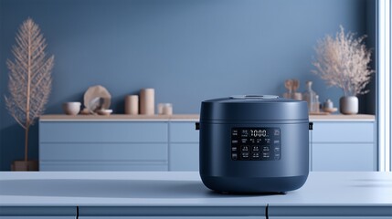 dark blue rice cooker with led display in minimalist modern kitchen setting