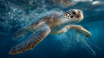 Obraz premium sea turtle trapped in plastic underwater pollution and marine conservation concept