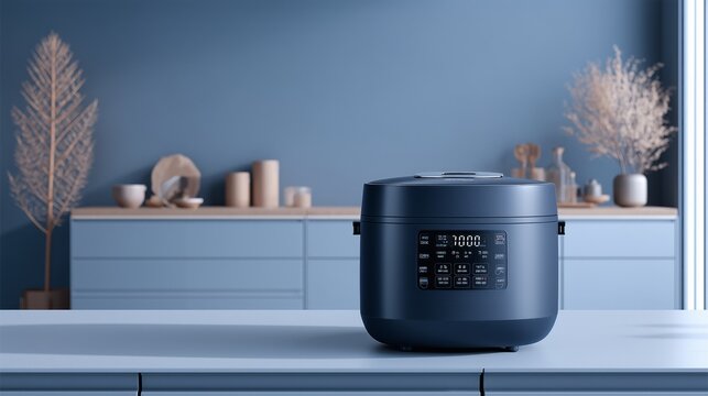 dark blue rice cooker with led display in minimalist modern kitchen setting