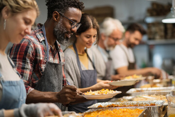 Volunteers Serving Food in Community Kitchen