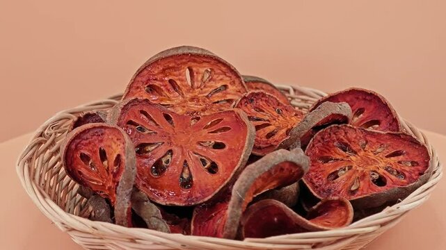 Dry Indian bael sliced. Aegle Marmelos.