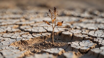 Surviving slender dried sapling enduring drought on cracked plain, with seed clusters