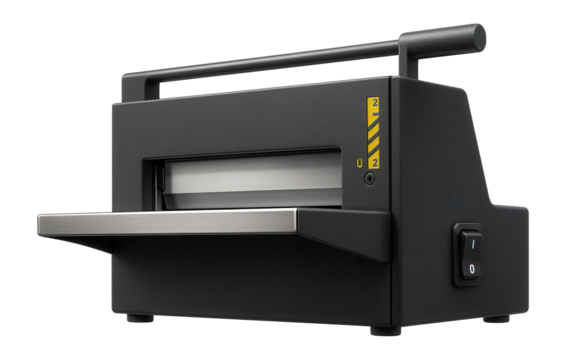 Tabletop electromechanical guillotine with a simple toggle switch and adjustable blade gap for educational purposes in technical schools