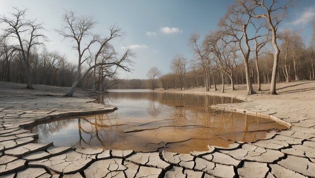 Displaying cracked earth meeting shallow muddy water at dry lakeshore, with bare trees reflection - Powered by Adobe