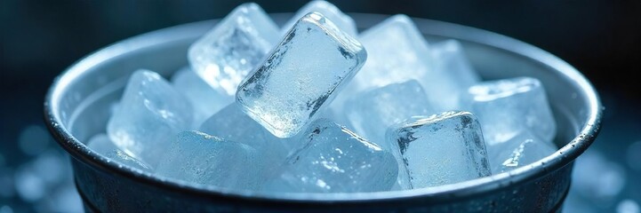 Icy Cold Close-up of Condensing Ice Cubes in a Metal Bucket, Perfect for Refrigeration, Insulation, or Cold Storage Concepts