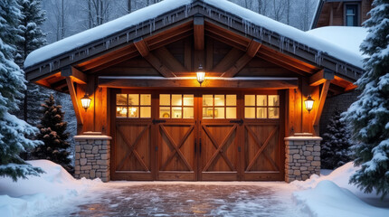 Swiss Chalet in the Alps – Snow-Dusted Timber Gate with Overhead Glow