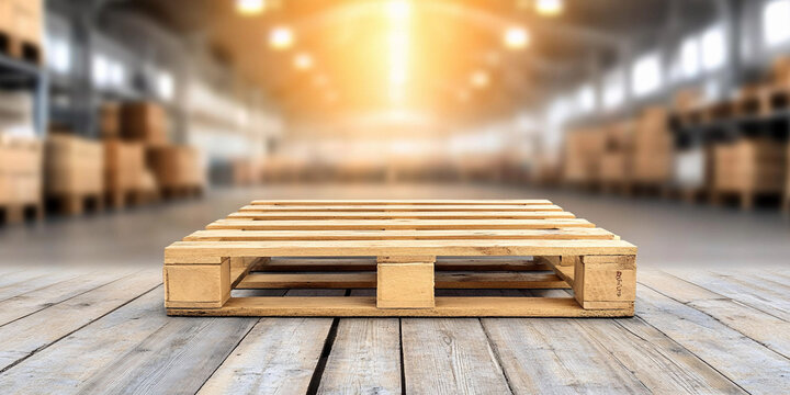 Empty wooden pallet in a warehouse with warm lighting Generative AI