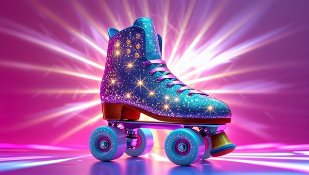 Shining glittery blue quad roller skate boot lying on reflective studio floor, with purple laces