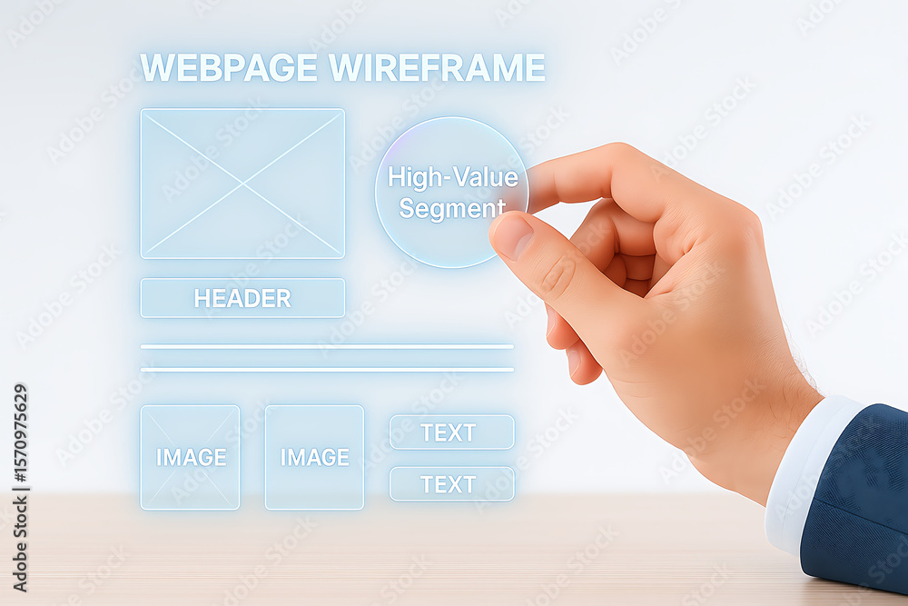 Poster hand interacting with webpage wireframe interface elements on a bright white background design conce