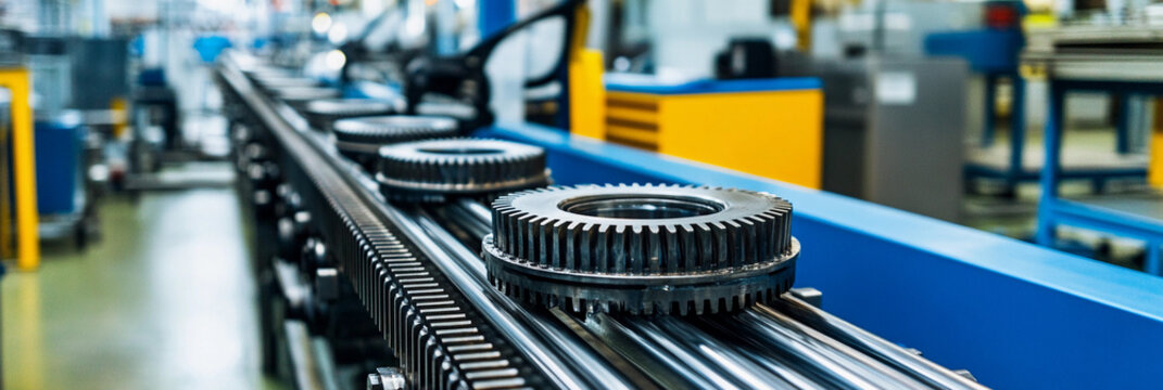Metal gears on a conveyor belt in an industrial setting Generative AI - Powered by Adobe