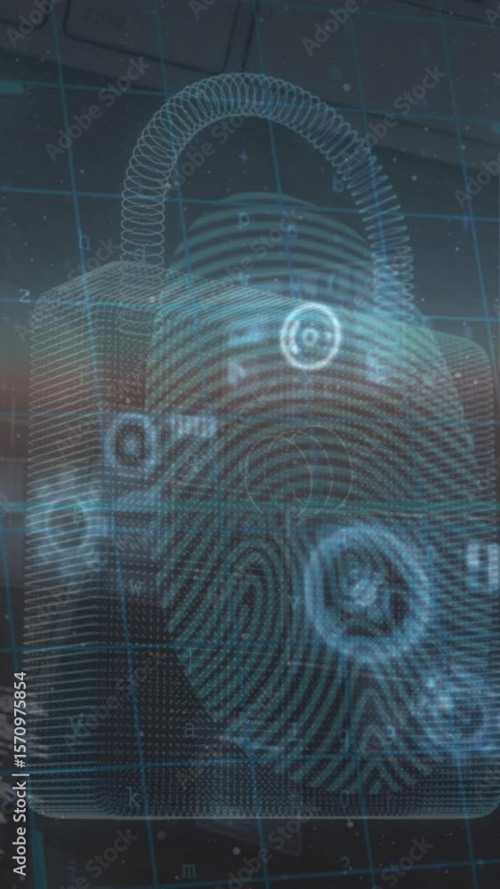 Poster animation of data processing and security padlock over blue background