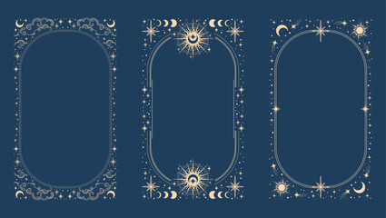 Magical esoteric frame, mystical linear decoration with dots, moon, stars corners isolated on blue background. Vector illustration. 