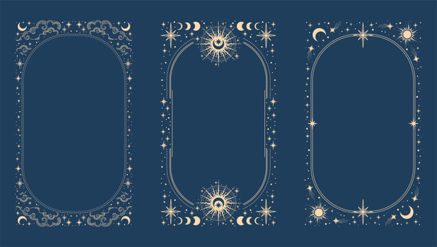 Magical esoteric frame, mystical linear decoration with dots, moon, stars corners isolated on blue background. Vector illustration. 