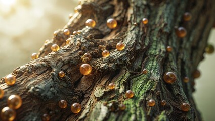 Highlighting rough tree trunk gleaming with amber resin droplets in sunlit forest, green moss
