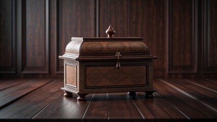Ornate wooden chest resting in study on polished floor, with finial, latch and hanging ornament