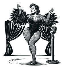 Elegant Vintage Performer with Feathered Costume and Microphone on Stage