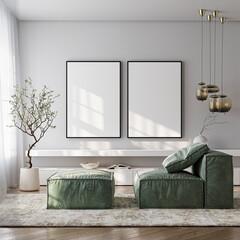 Naklejka na ściany i meble Frame mockup, ISO A paper size. Living room wall poster mockup. Interior mockup with house background. Modern interior design. 3D render 