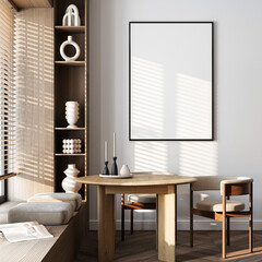 Frame mockup, ISO A paper size. Living room wall poster mockup. Interior mockup with house background. Modern interior design. 3D render
