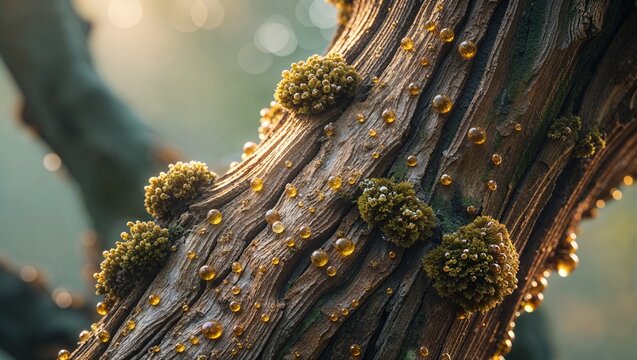 Displaying rough tree bark in sunlit forest, with amber resin droplets and moss clusters - Powered by Adobe