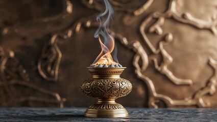 Glowing golden brazier holding burning coals and rising flames on stone tabletop, with ritual decor
