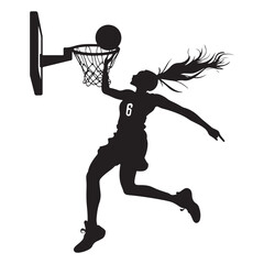 Obraz premium vector silhouette of a female basketball player slam dunk, scoring the ball to the net, transparent background 