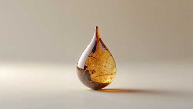 Catching overhead light, teardrop glass sculpture revealing amber crackle texture on beige surface - Powered by Adobe