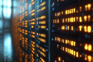 Server room panels display binary code in digital forms