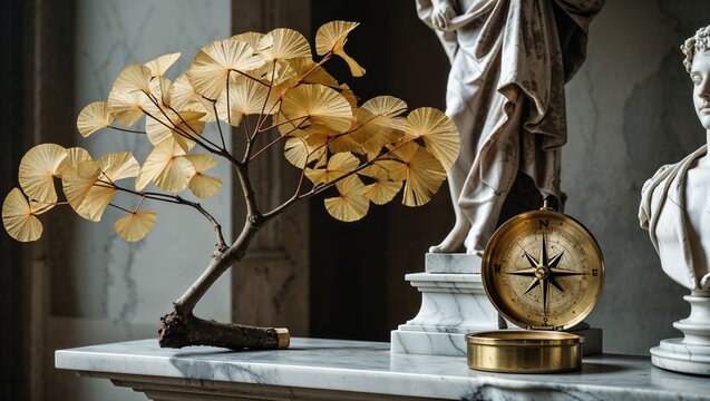 Fan-shaped golden-leaf branch lying on gallery table, with brass compass and sculptures, copy space