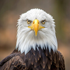 Obraz premium Close up portrait of a majestic bald eagle with piercing yellow eyes and a sharp beak
