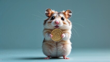 Standing fluffy hamster holding gold ornamental patterned coin on blue surface in studio