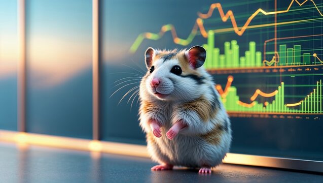 Standing tricolor hamster balancing on tabletop in tech lab, with panels showing financial charts - Powered by Adobe