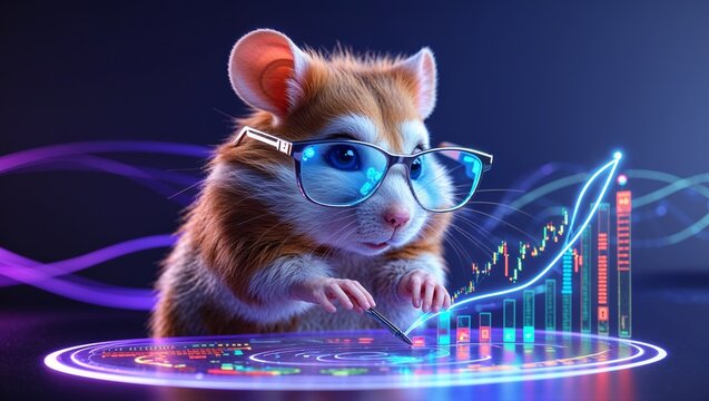 Inspecting hamster wearing clear glasses using holographic panel in lab, stylus tracing neon charts - Powered by Adobe