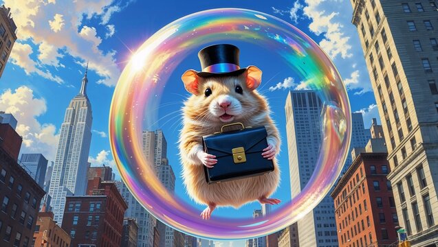 Floating golden hamster wearing black top hat clutching briefcase above city skyline in soap bubble