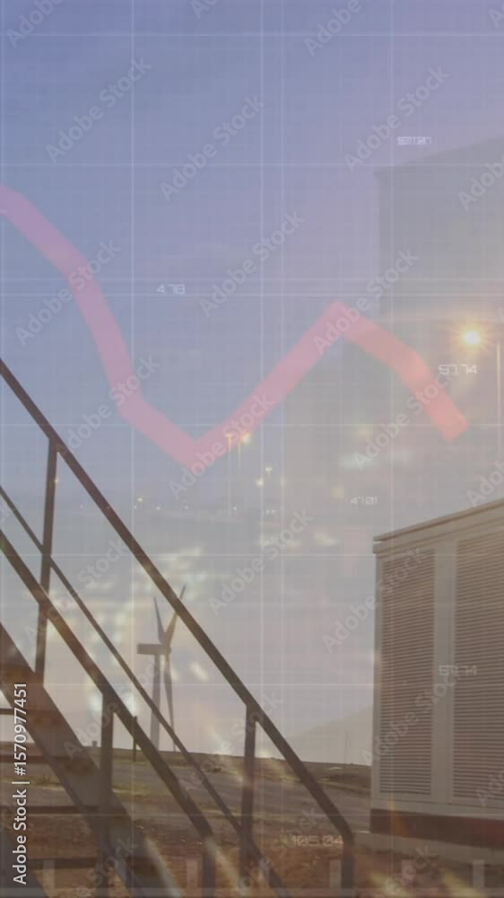 Poster animation of financial data processing over engineer and wind turbine in countryside