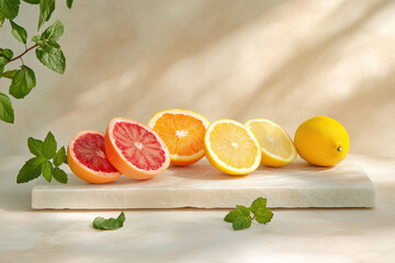 A minimalist arrangement of sliced citrus fruits on warm-tone marble. The natural light highlights the juicy textures of grapefruit, lemon, and blood orange, creating an organic, fresh aesthetic.