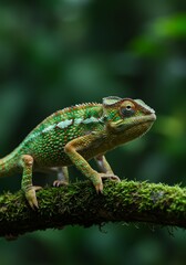 Fototapeta premium Vibrant Green Chameleon on Mossy Branch in Lush Rainforest