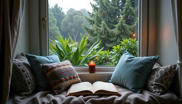 A cozy window nook on a rainy day, featuring soft cushions, an open book, a lit candle, and lush greenery outside &mdash; the perfect setting for relaxation, reading, and mindful moments.