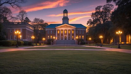 Showcasing red-brick building with cupola glowing at sunset on manicured lawn with lampposts