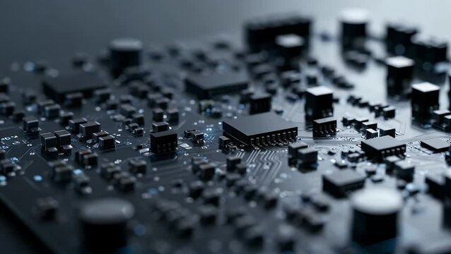 Closeup view of a dark complex electronic circuit board