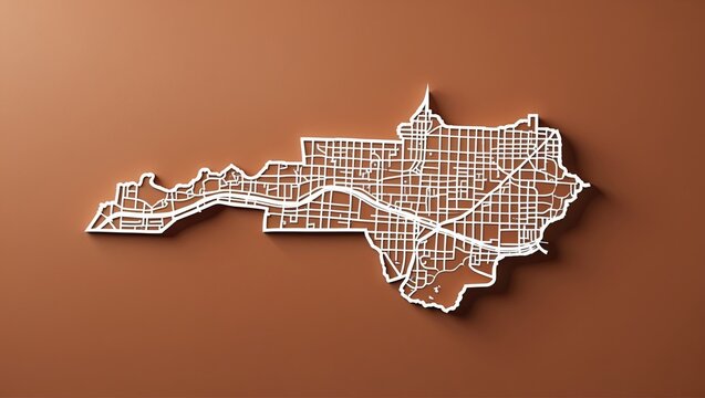 Displaying white 3D city map wall sculpture rising against terracotta wall, abstract street network