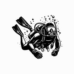 Scuba Diver Logo Vector Swimming Underwater with Gear Isolated on White

