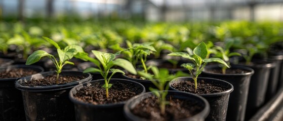 The thriving seedlings in pots ready for cultivation in a greenhouse setting.