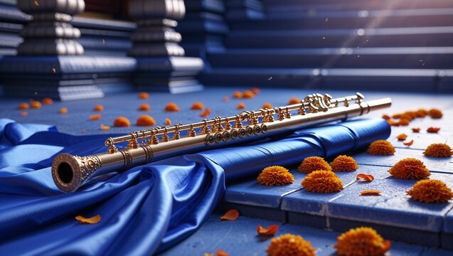 Resting golden engraved flute lying on blue silk cloth in temple courtyard, with orange marigolds - Powered by Adobe