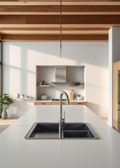 Empty tabletop over defocused kitchen with copy space Empty room interior design architecture blank design room