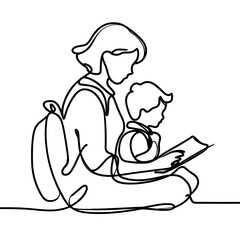 Continuous line drawing of mother reading book to child, minimalistic black and white illustration for parenting, education or family bonding concept