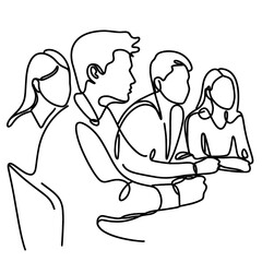 Continuous line drawing of group of people sitting together, minimalistic black and white illustration for teamwork, meeting or communication concept
