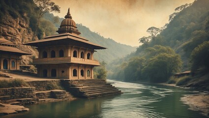 Sitting stone pavilion temple overlooking calm river at stepped riverbank, with rocky cliff face