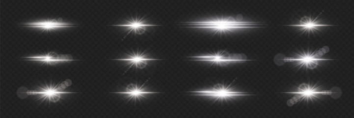 Set of white light effects, star and light flash. On a transparent background.