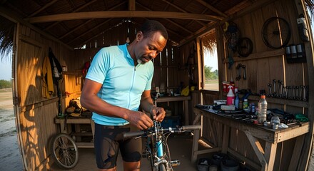Fototapeta premium Focused Mature Man Repairing Bicycle in Rustic Workshop