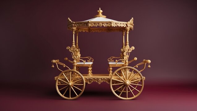 Displaying golden carriage featuring decorative canopy and scrollwork in studio with spoked wheels - Powered by Adobe